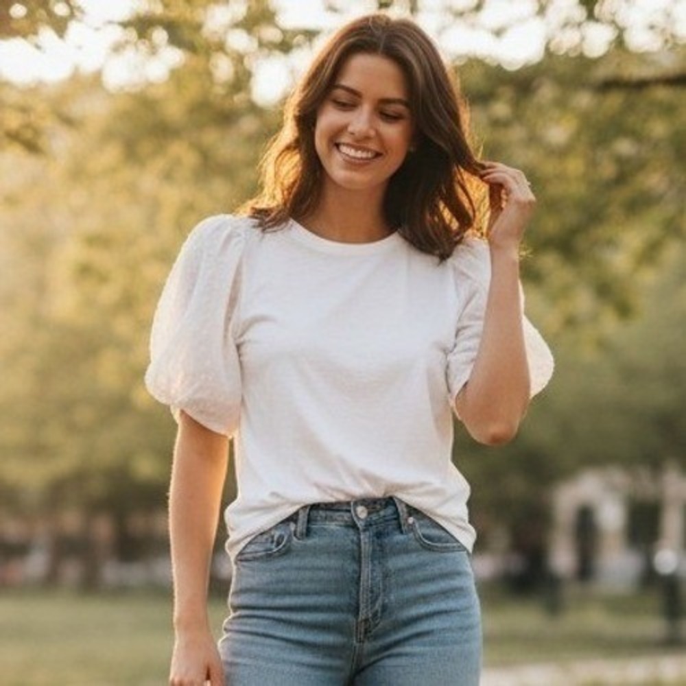 J.Crew Mixed Media Puff Sleeve Top Womens M White Knit Cotton Poplin Tee‎